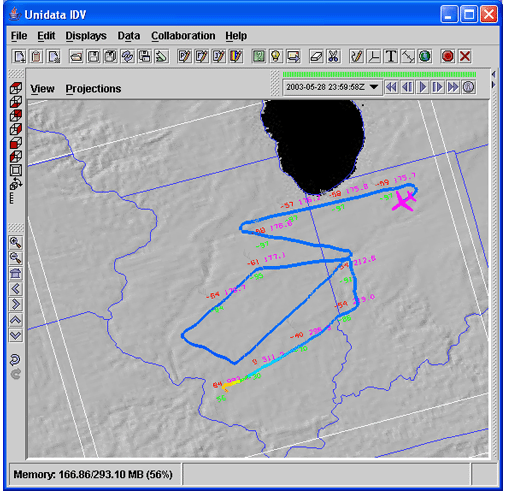 Track display showing observations along the track and an airplane indicator at the end
