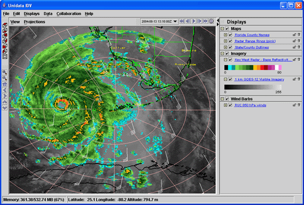 IDV view of Hurricane Charlie, August 13, 2004<br>integrating satellite, radar, model and geopolitical data